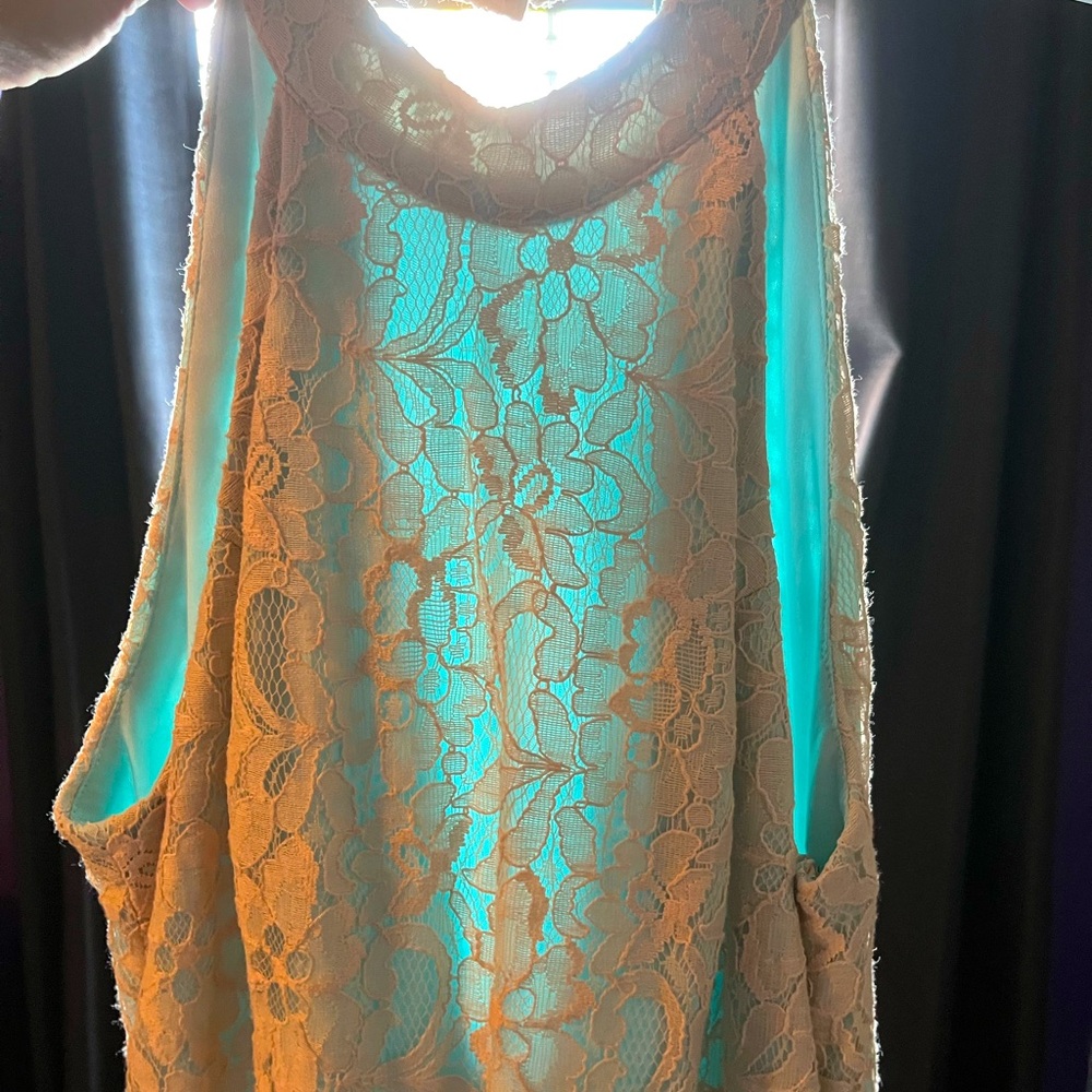 ModCloth cream flower lace dress with a blue underlay size md